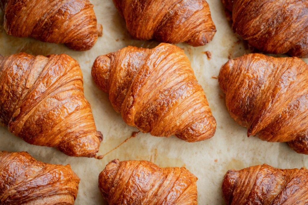 Croissants on tray.